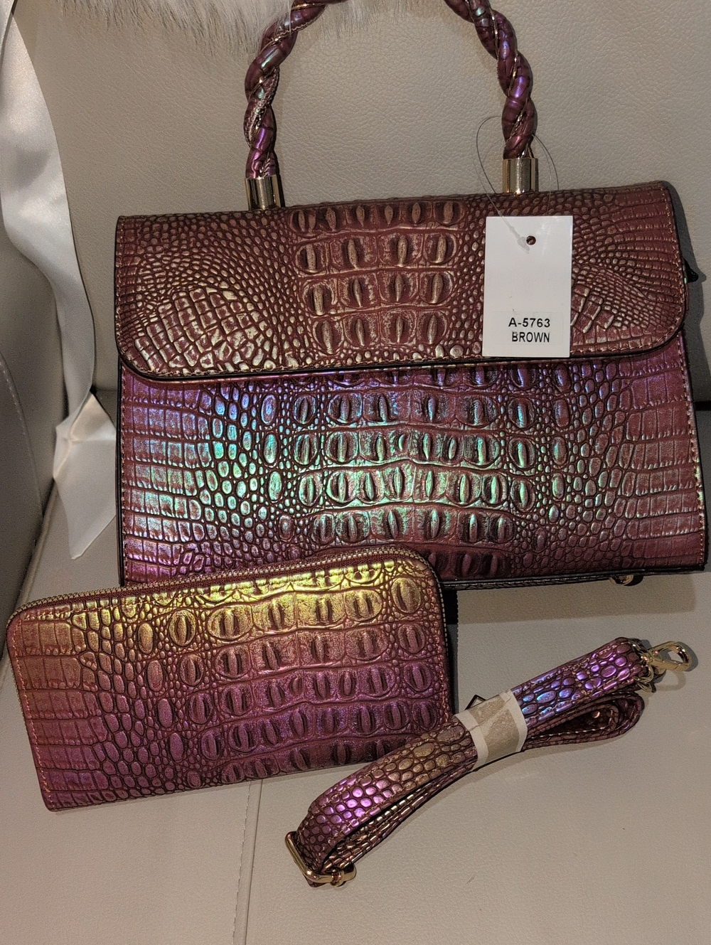 Iridescent Croc-Embossed Top Handle Bag and Wallet Set